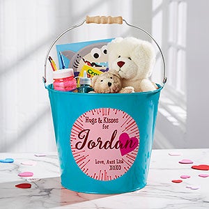 Hugs & Kisses Personalized Large Treat Bucket - Turquoise