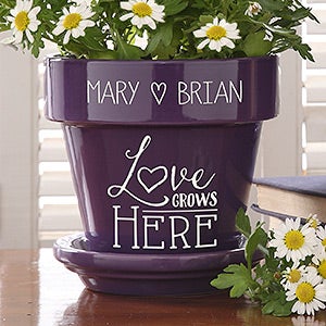 Love Grows Here Couples Personalized Flower Pot- Purple