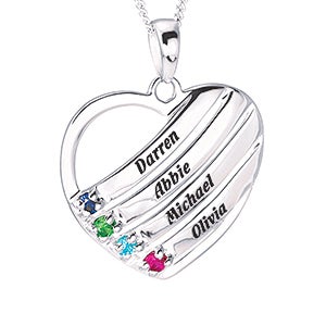 Family Heart Pendant Personalized Sterling Silver Birthstone Necklace