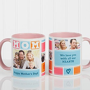 Personalized Photo Coffee Mug - MOM Photo Collage - Pink Handle