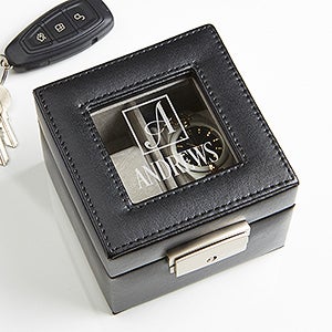 Engraved Leather 2 Slot Watch Box - Square Monogram