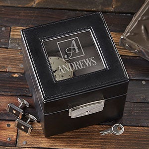 Engraved Leather 2 Slot Watch Box - Square Monogram