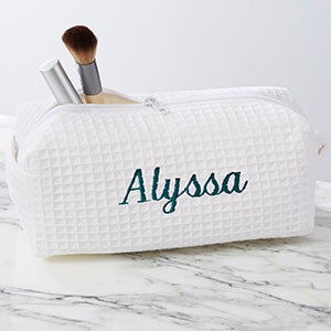 Embroidered White Waffle Weave Makeup Bag