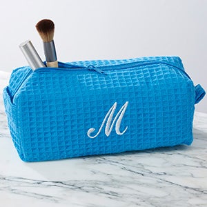 Embroidered Aqua Waffle Weave Makeup Bag