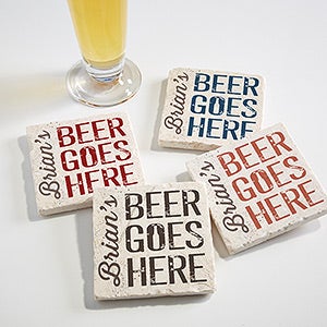 Beer Goes Here Personalized Tumbled Stone Coaster Set