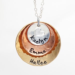Personalized Mixed Metals Stackable Hammered Disc Name Necklace - 3 Discs