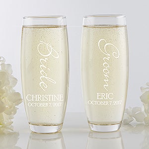 Bridal Couple Personalized Stemless Champagne Flute Set