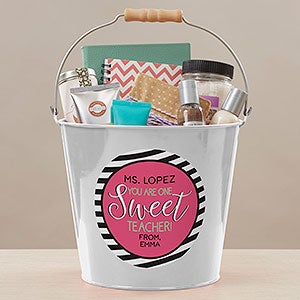 One Sweet Teacher Personalized Large Metal Bucket - White