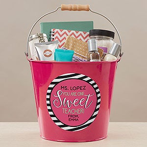 One Sweet Teacher Personalized Large Metal Bucket - Pink
