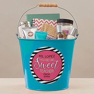 One Sweet Teacher Personalized Large Metal Bucket - Turquoise