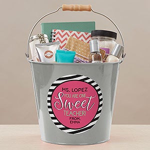 One Sweet Teacher Personalized Large Metal Bucket - Silver
