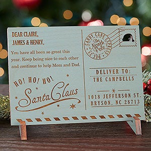 Santa's Magic Mail Personalized Blue Stain Wood Postcard