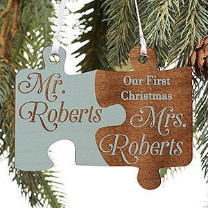 Mr & Mrs Blue Wood Wedding Ornament