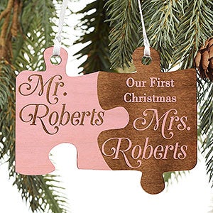 Mr & Mrs Pink Wood Wedding Ornament