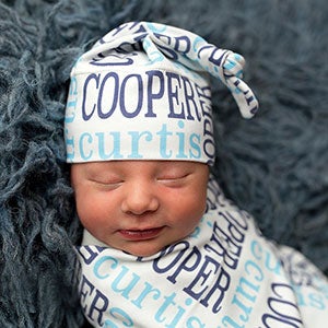 Personalized Baby Hat & Swaddle Blanket - Classic Name