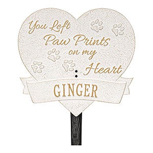 Paw Print Heart Personalized Pet Memorial Lawn Plaque - White & Gold