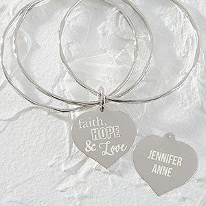 Faith, Hope & Love Personalized Heart Charm Bangle Bracelet