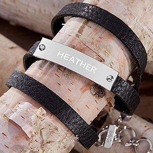 Engraved Black Leather Wrap Nameplate Bracelet