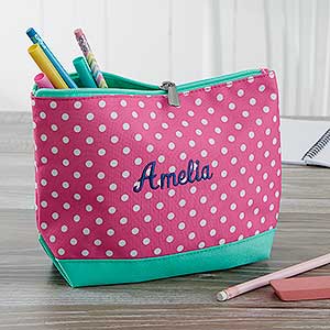 Pink Polka Dot Embroidered Pencil Case