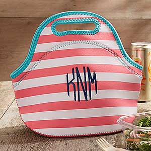 Insulated Coral & White Striped Embroidered Lunch Bag- Monogram