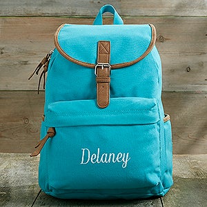 Turquoise Washed Canvas Embroidered Backpack- Name