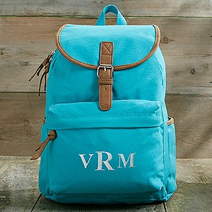 Turquoise Washed Canvas Embroidered Backpack- Monogram