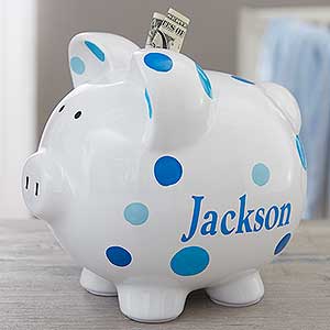 Baby Boy Blue Polka Dot Personalized Piggy Bank