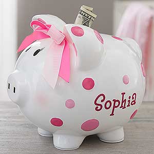 Baby Girl Pink Polka Dot Personalized Piggy Bank