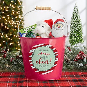Holly Jolly Personalized Large Metal Teacher Bucket-Pink - #19334-PL