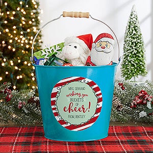 Holly Jolly Personalized Large Metal Teacher Bucket-Turquoise - #19334-TL