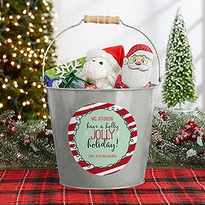 Holly Jolly Personalized Large Metal Teacher Bucket-Silver - #19334-SL