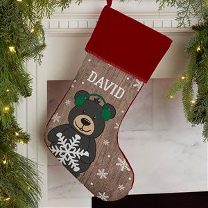 Holiday Bear Family Personalized Burgundy Christmas Stocking - #19348