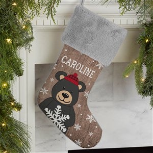 Holiday Bear Family Personalized Grey Faux Fur Christmas Stocking