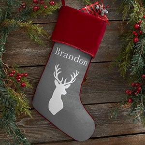 Winter Silhouette Personalized Burgundy Trim Christmas Stockings