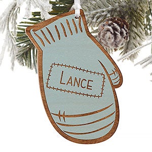 Family Winter Mitten Engraved Blue Wood Ornament