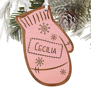 Family Winter Mitten Engraved Pink Wood Ornament