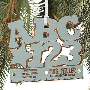 ABC & 123 Personalized Teacher Blue Wood Ornament