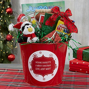 Merry Christmas Personalized Kids Red Metal Gift Bucket