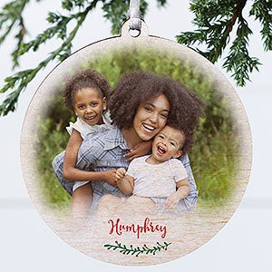 Holly Branch Personalized Family Photo Ornament - 1 Sided Wood