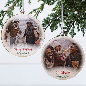 Holly Branch Personalized Family Photo Ornament - 2 Sided Wood