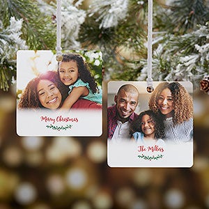 Holly Branch Personalized Family Photo Ornament - 2 Sided Metal