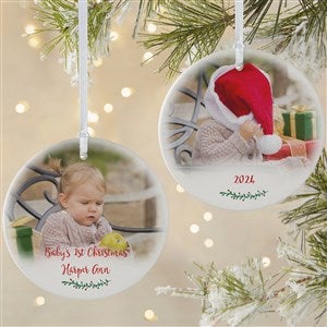 Holly Branch Baby Photo Ornament - 2 Sided Large