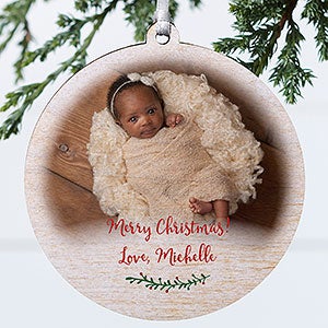 Holly Branch Baby Photo Wood Ornament - 1 Sided
