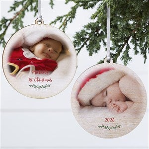 Holly Branch Baby Photo Wood Ornament - 2 Sided