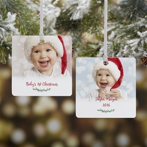 Holly Branch Personalized Baby Photo Ornament - 2 Sided Metal