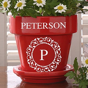Circle & Vine Red Monogram Flower Pot