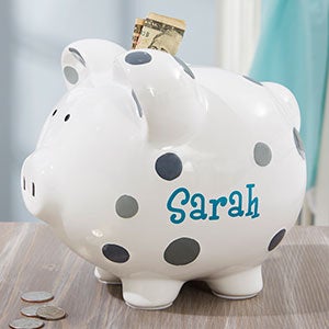 Personalized Piggy Bank - Grey Polka Dot - 20246