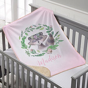 Woodland Floral Raccoon Personalized Sherpa Baby Blanket