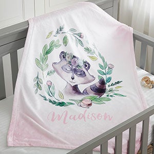 Woodland Floral Raccoon Personalized Fleece Baby Blanket