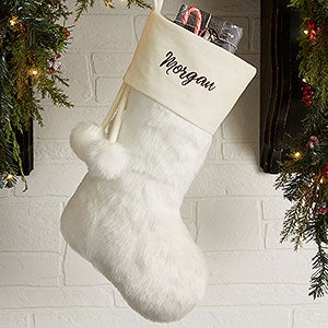 Embroidered Ivory Faux Fur Christmas Stocking - #20986-I